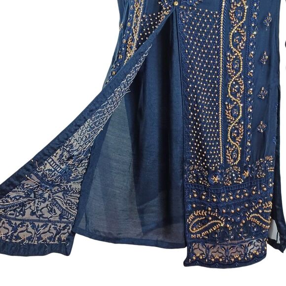 Zoon Collection Navy Embroidered Tunic Dress – Gold Sequin Overlay, Sheer Lace M - Picture 4 of 9